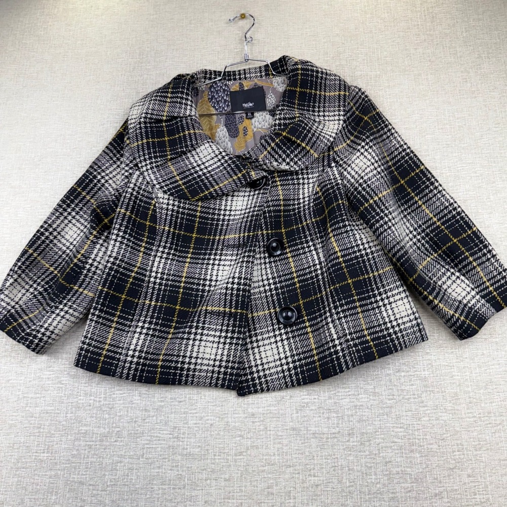 Mossimo Black White Yellow Plaid Cropped Swing Jacket Oversized Collar XL